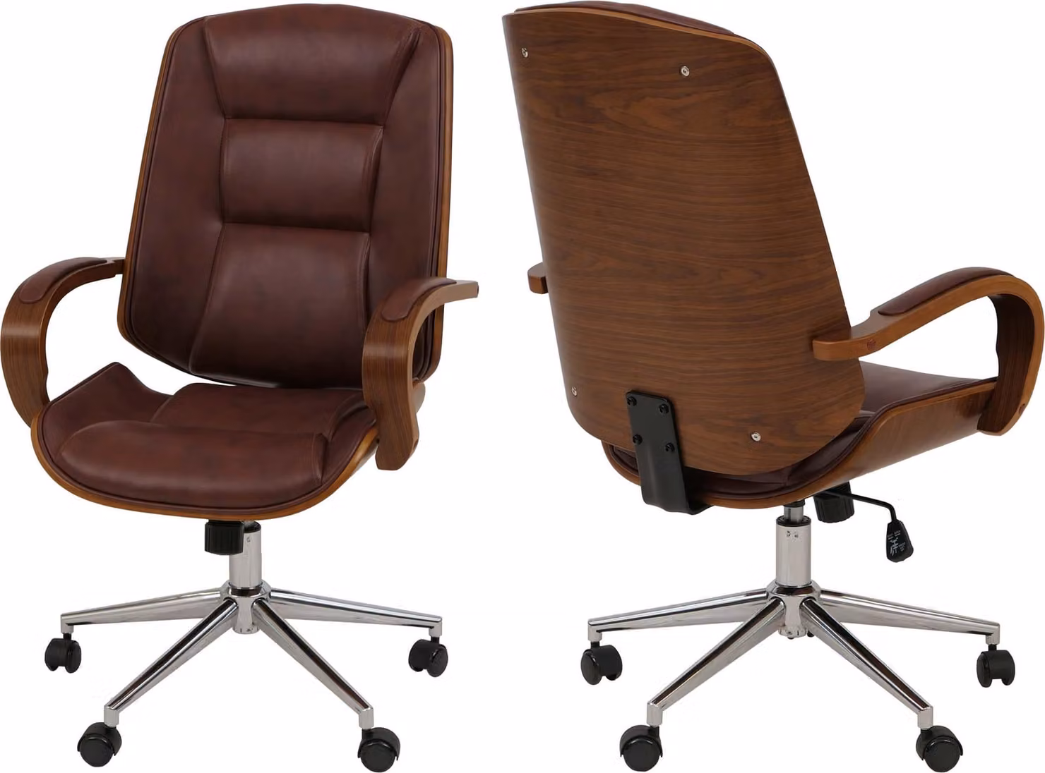 Sedia da ufficio HWC-O83, sedia girevole da direzione, Pelle finta (280 g/m²) in legno curvato ® effetto noce ~ rosso-marrone