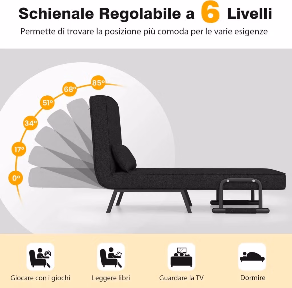 Costway Divano Letto Trasformabile 4 in 1 con Schienale Regolabile in 6 Posizioni, Poltrona Letto Singola Imbottita in Tessuto con Struttura in Metallo, Nero, L: 79 cm x P: 65 cm x H: 79 cm – 2