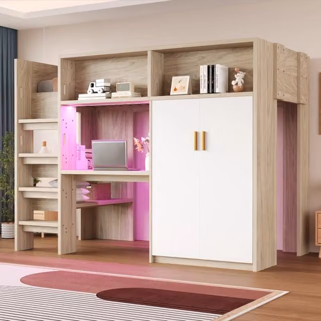 Letto a soppalco MIVRAY con scrivania, armadio, ripiani, illuminazione LED e scala, colore legno naturale, L/P/H: 200 x 90 x 165 cm
