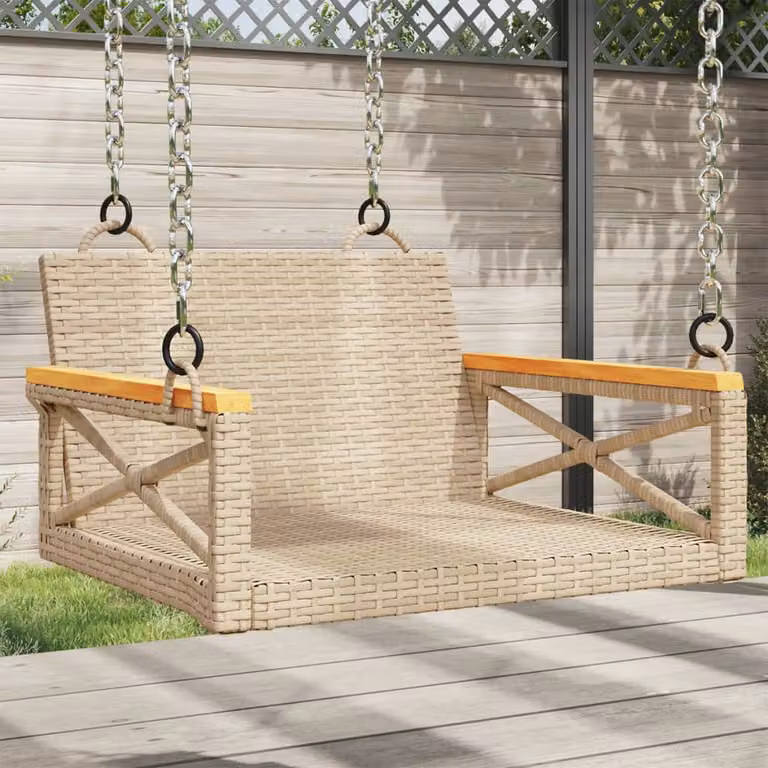 Panchina a dondolo vidaXL in polyrattan e legno di acacia oliato, colore beige, L 63 cm x P 62 cm x H 40 cm