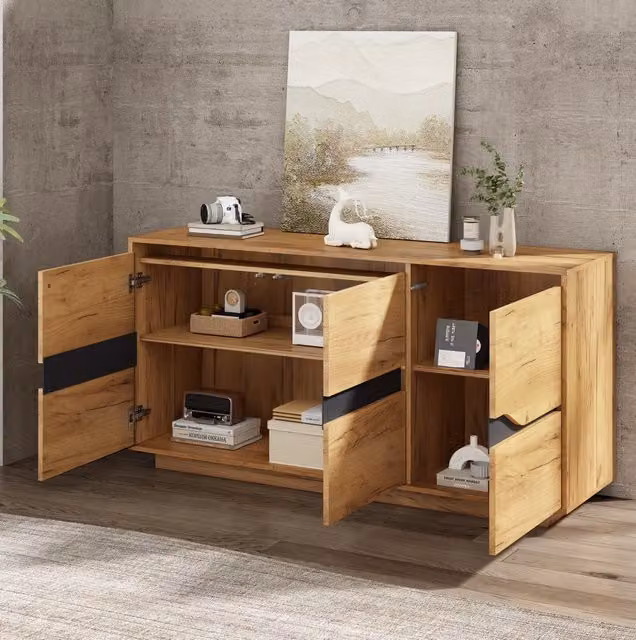 Credenza 140x40x70 cm con 3 ante; divisori regolabili; truciolare; rovere e nero