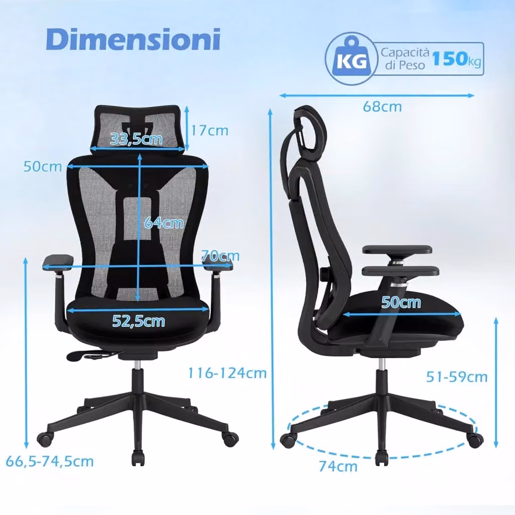 Sedia Ergonomica da Ufficio COSTWAY in Rete Nera con Supporto Lombare, Poggiatesta e Braccioli, Girevole e Regolabile in Altezza, Portata 150 kg – 2