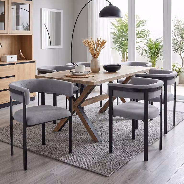 Set di 6 sedie da pranzo Flieks, con schienale completamente avvolgente, rivestite in tessuto chenille, ideali per la cucina, imbottite, confortevoli e traspiranti, colore grigio