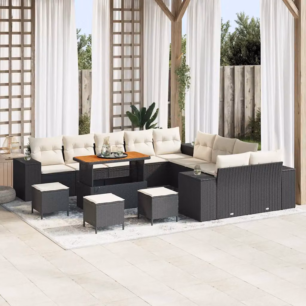 Set Divano da Giardino vidaXL 14 Pezzi a Forma di U con Cuscini Nero e Beige in Polyrattan e Acciaio – 1