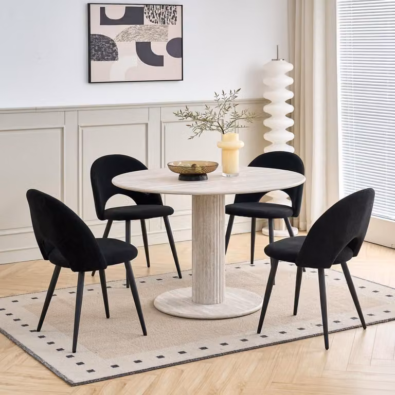 Set da pranzo: tavolo rotondo con diametro di 115 cm e 4 sedie rivestite in tessuto, colore grigio e nero