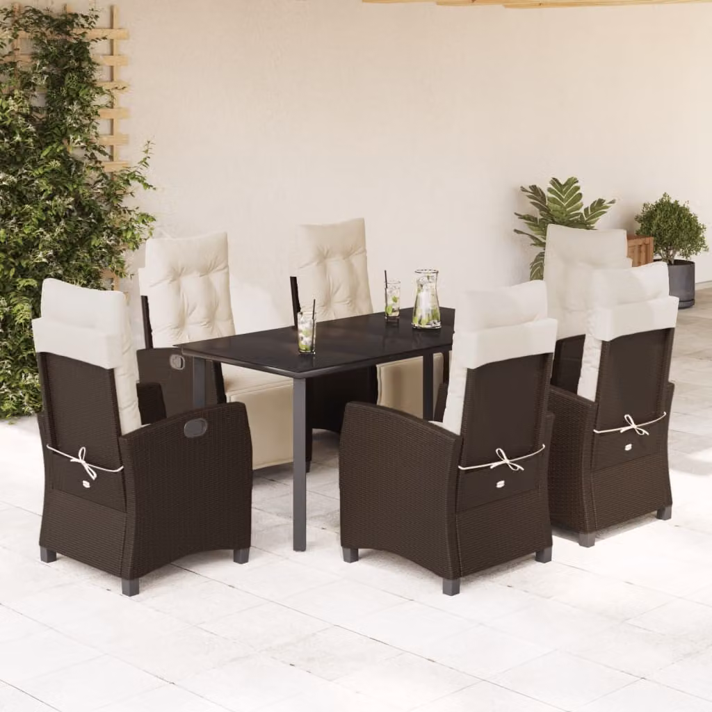 Set da Pranzo da Giardino 7pz vidaXL in Polyrattan Marrone con Piano in Vetro – 1