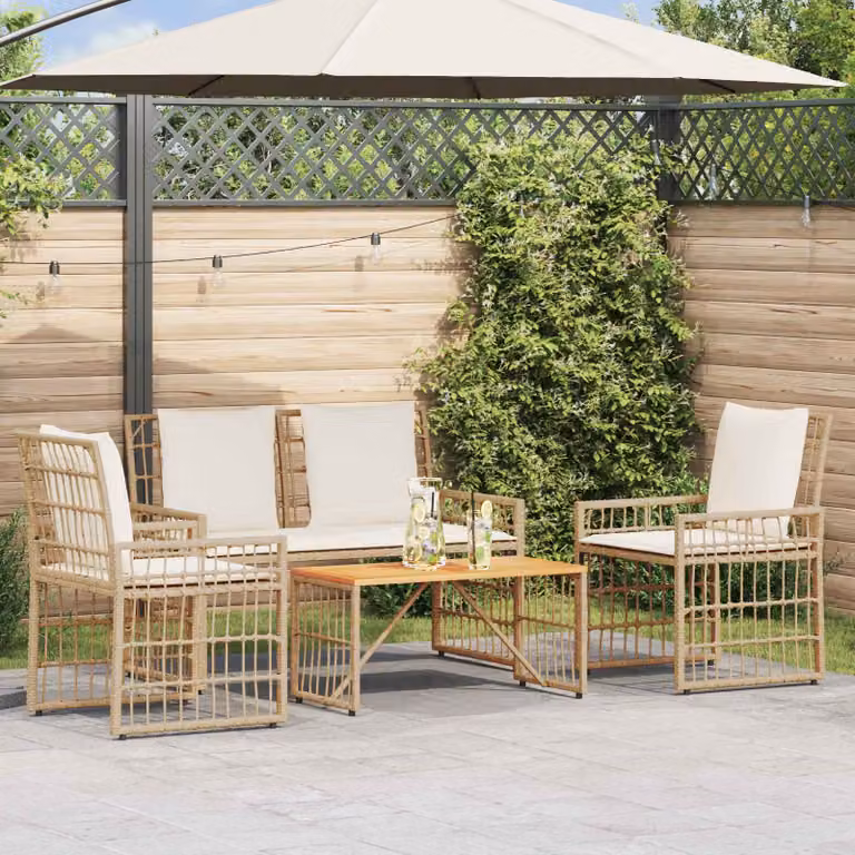Set di mobili da esterno vidaXL 4 pezzi in legno di acacia e rattan color marrone, beige e bianco per giardino, balcone o terrazzo