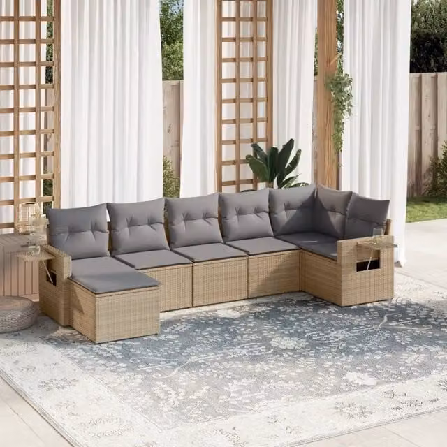vidaXL Set Divani da Giardino 7 pz in Polyrattan con Cuscini Beige e Grigio – 1