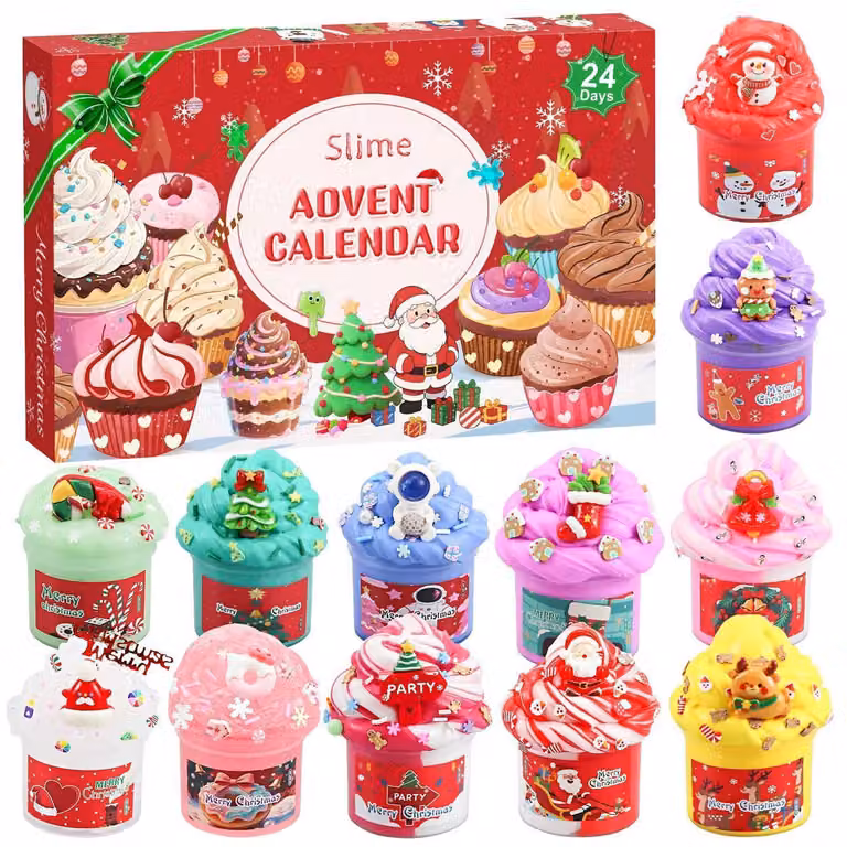 Calendario dell'Avvento "Schleim" per bambini, 24 giorni di attesa con 12 slime e 12 accessori, colore rosso