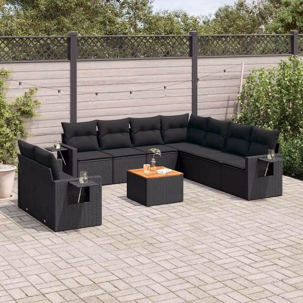 vidaXL Set Divani da Giardino 10pz in Polyrattan Nero con Cuscini e Tavolino da Esterno – 1