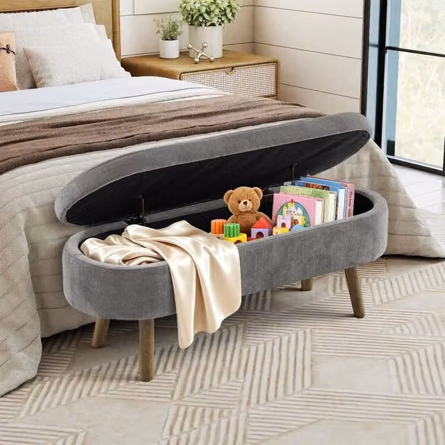 Panca Contenitore Multifunzionale MINIMAL in Tessuto Chenille Grigio Scuro e Legno Massello L 110 x P 40 x H 42 cm