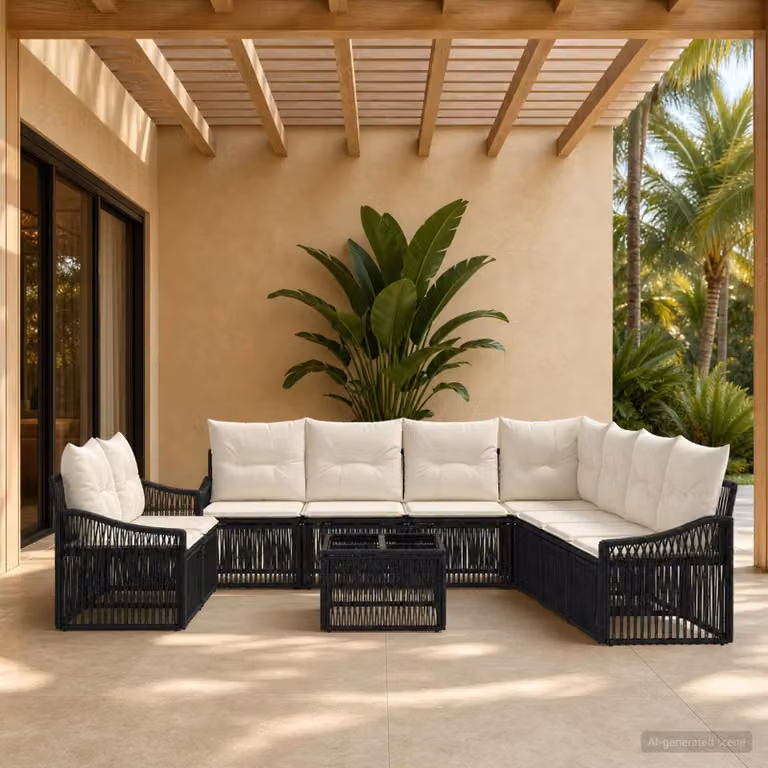 Set Divano da Giardino vidaXL 10 Pezzi in Polyrattan Nero con Tavolino e Cuscini Imbottiti