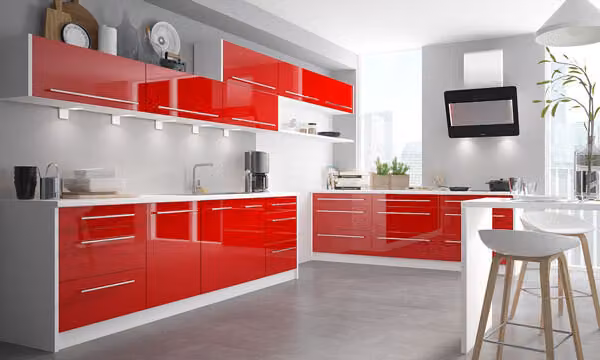 Mobile da cucina laccato Mobile da cucina bianco / RAL 3002 laccato lucido rosso carminio