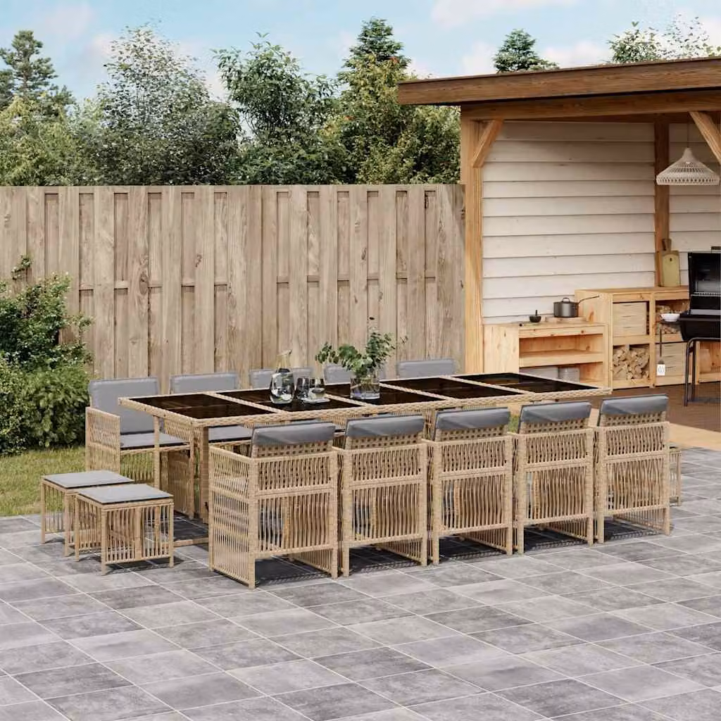 Set Pranzo da Giardino vidaXL 15 pz in Polyrattan con Cuscini Beige e Piano in Vetro – 1
