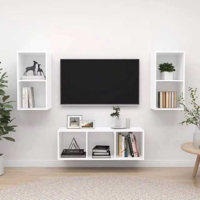 Set di 3 mobili porta TV vidaXL in legno multistrato bianco per soggiorno in stile minimalista e montaggio a parete