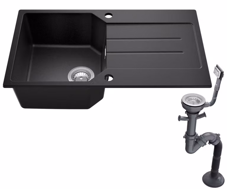 Lavello da cucina, con superficie di scolatura integrata, materiale resistente ai graffi, colore nero