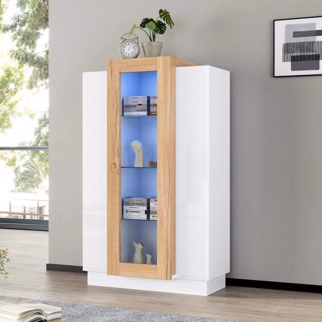 Vetrina da soggiorno 74x40x120 cm, 3 ante trasparenti, finitura lucida con LED, ripiani in vetro e 1 cassetto