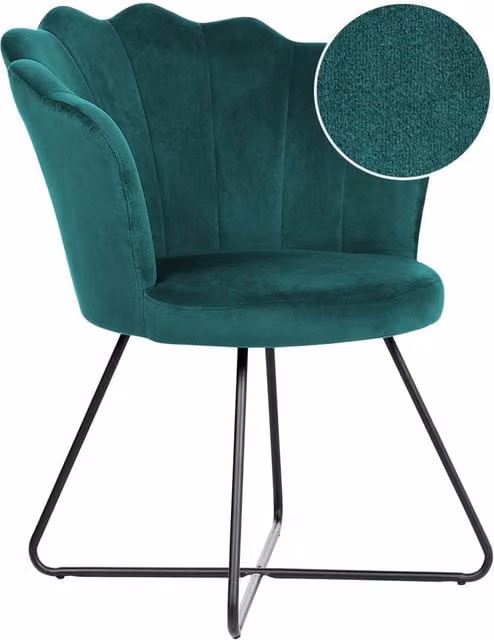 Sedia Beliani in velluto verde con schienale a conchiglia e struttura in metallo nero in stile vintage retro