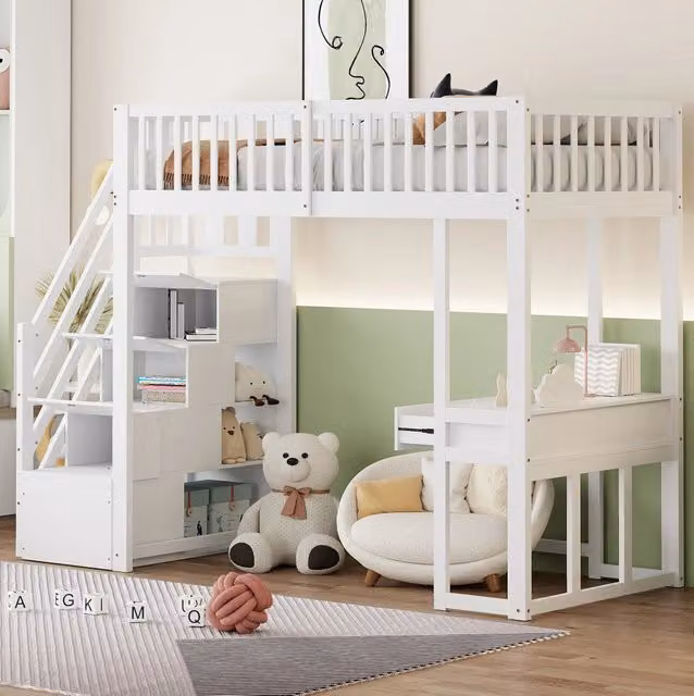 Letto a soppalco 90x200 cm con tavolo multifunzione in legno bianco
