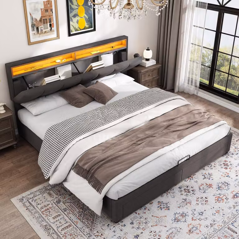 Letto imbottito 160 x 200 cm con rivestimento in lino, contenitore e illuminazione LED – Letto matrimoniale con cassetti, vani contenitori e rete a doghe in legno, letto contenitore grigio