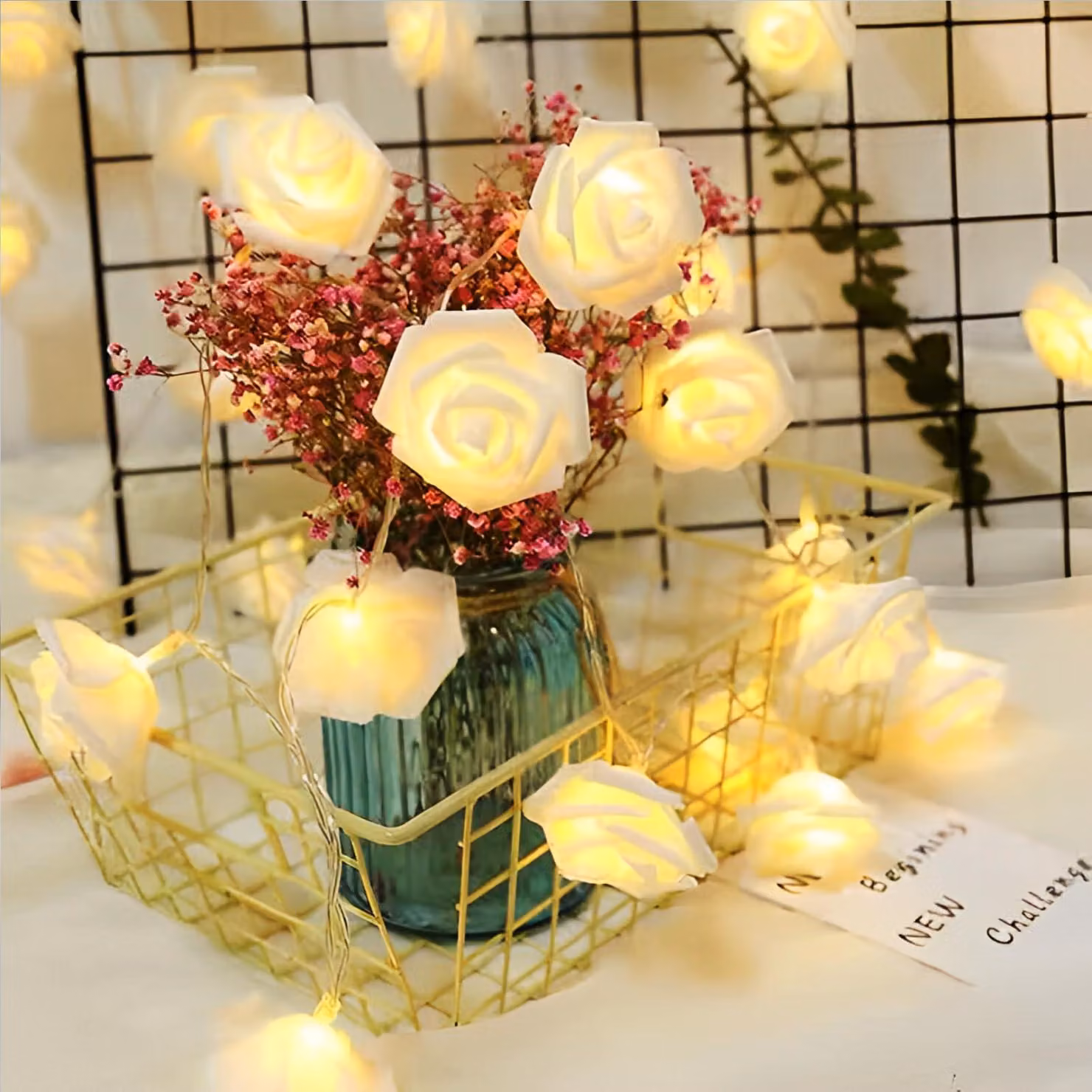 Catena luminosa con 20 rose a LED, lunghezza 3 metri, alimentazione USB, luce bianco caldo