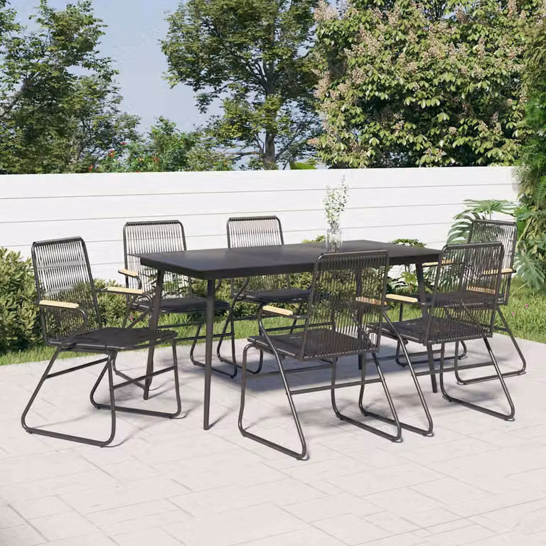 Set da pranzo da giardino vidaXL in rattan nero con tavolo rettangolare in vetro e 7 pezzi