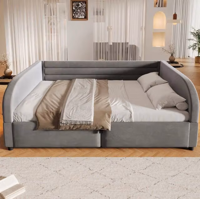 Letto imbottito ULEVR 140x200 cm con contenitore idraulico e LED RGB laterale, flanella grigia