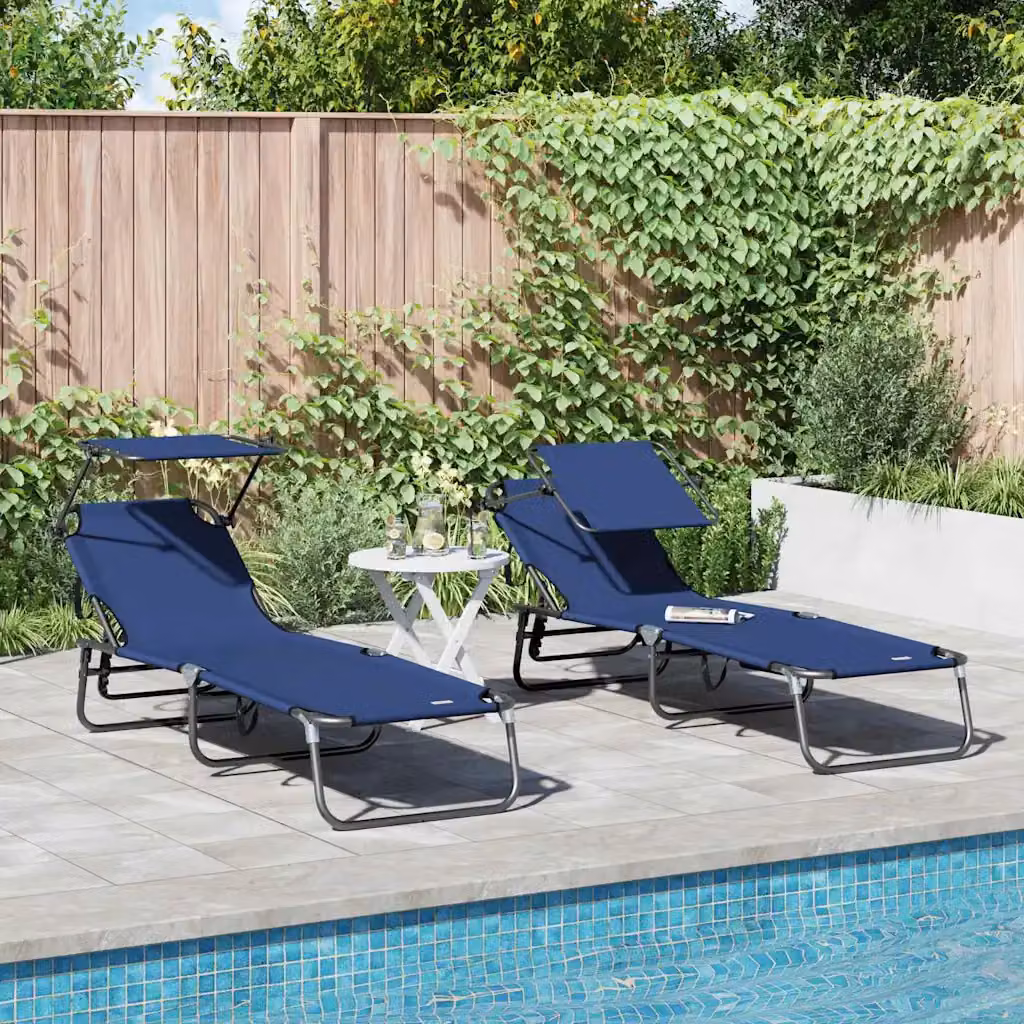Set di 2 lettini prendisole pieghevoli vidaXL in blu con parasole e poggiatesta regolabile