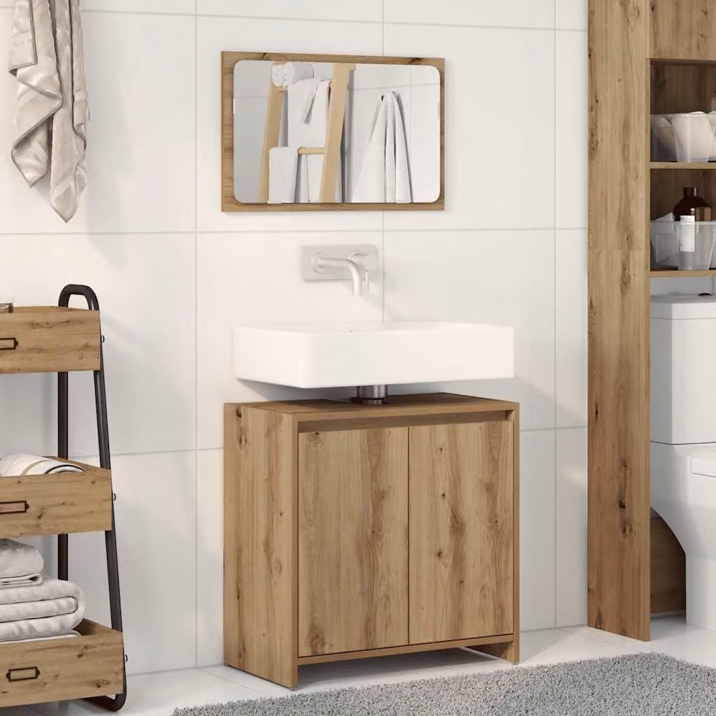 Set Mobili da Bagno Moderno vidaXL in Legno Rovere Marrone composto da Base Lavabo e Armadietto con Specchio L/P/H: 60 x 33 x 60 cm