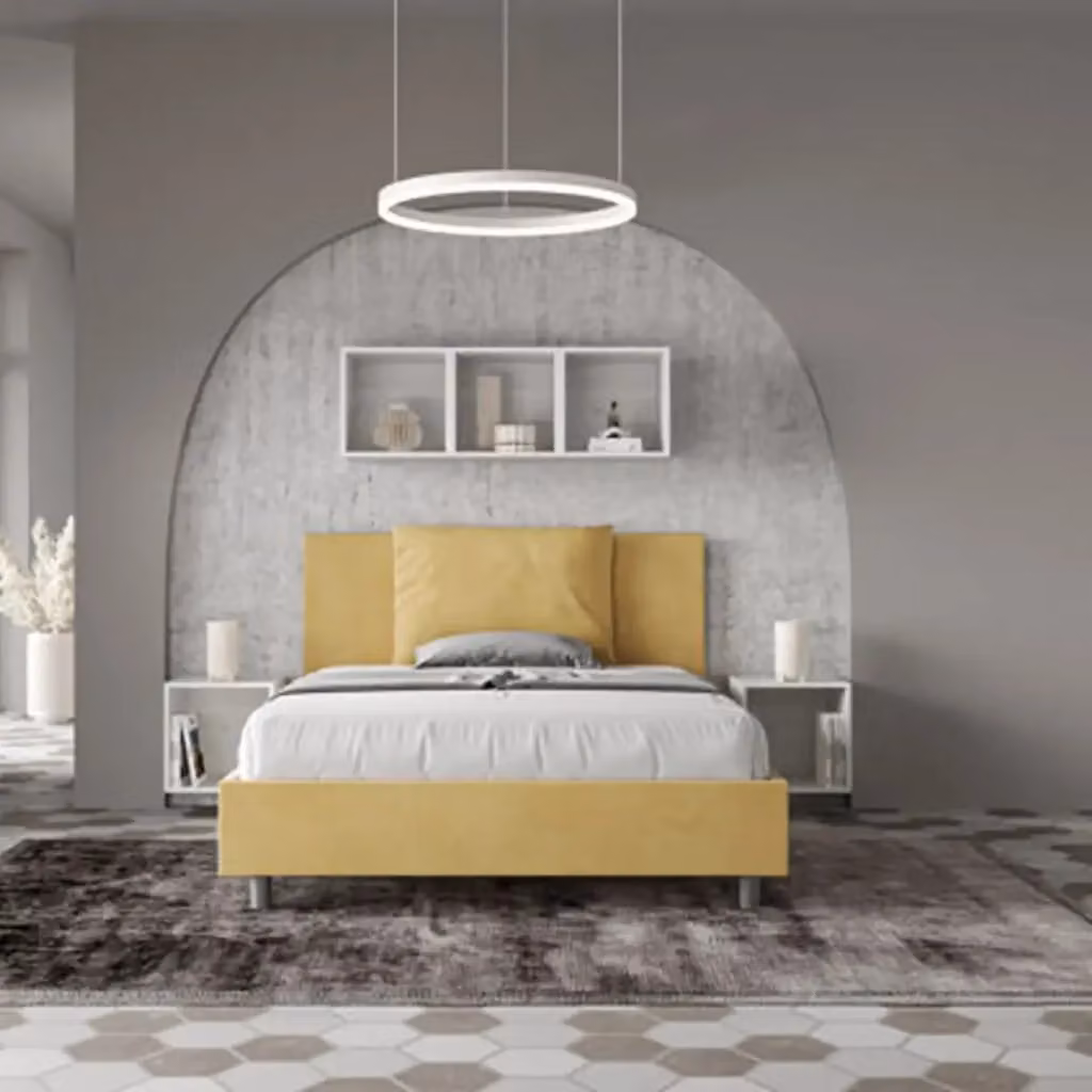 Letto matrimoniale francese con contenitore imbottito Ityhome in microfibra gialla L/P/H: 140 x 200 x 110 cm – 2