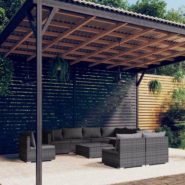 Set Divani da Giardino vidaXL 10 Pezzi con Tavolino e Cuscini in Polyrattan Grigio Antracite e Struttura in Acciaio