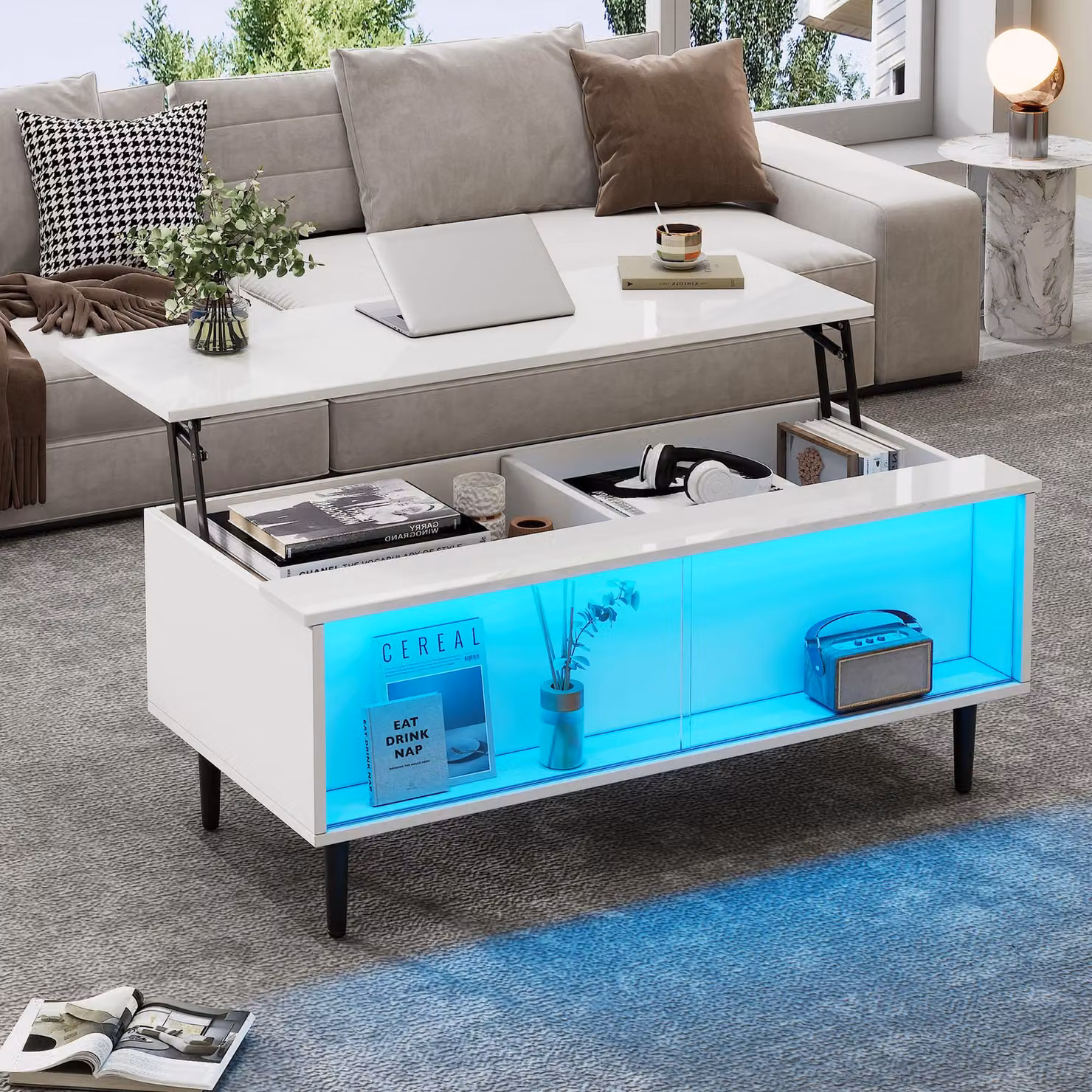 okwish Tavolino moderno, tavolino regolabile in altezza con portaoggetti nascosto e 4 gambe, tavolino con illuminazione a LED e area espositiva, bianco