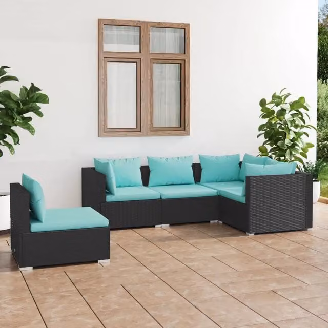 Set di Divani da Giardino a L vidaXL con Cuscini Blu e Nero in Polyrattan e Metallo – 1