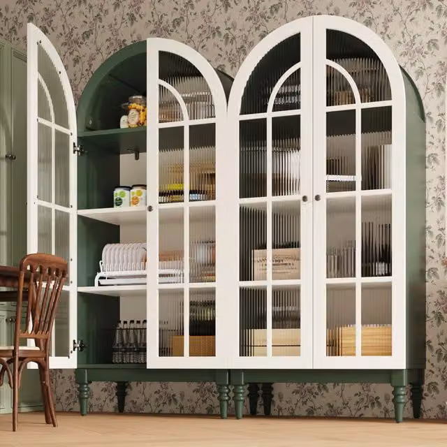 Set di 2 Armadi a Vetrina ¨C Minimal ¨C 165cm ante in vetro, 3 ripiani, verde scuro + bianco, truciolato