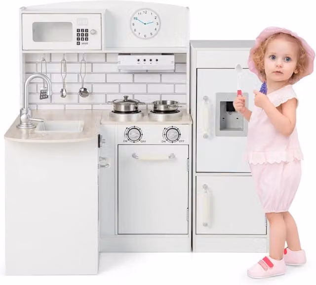 Cucina angolare per bambini con frigorifero e distributore d'acqua in MDF bianco, L: 65 cm, P: 60 cm, H: 85 cm