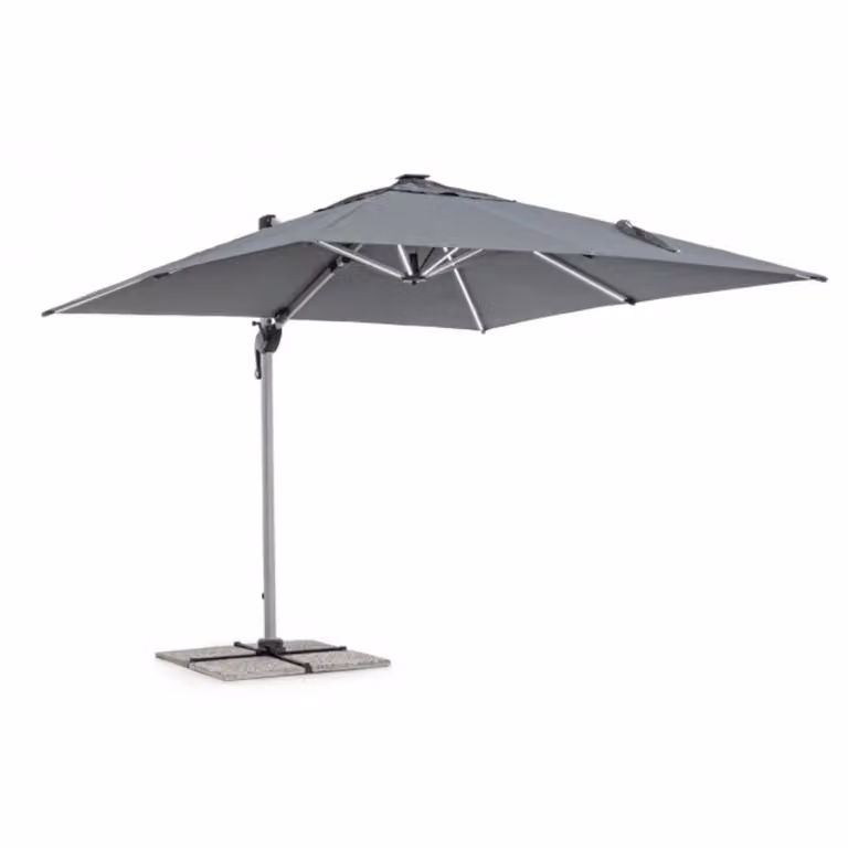 Ombrellone a braccio INES con luci LED in alluminio anodizzato e telo grigio scuro 3×3