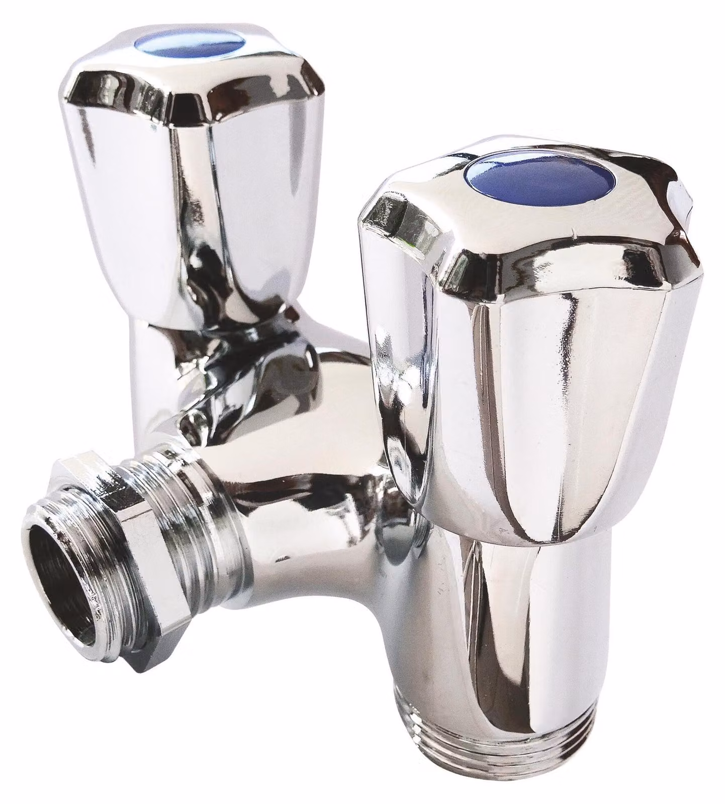 Rubinetto a due uscite, attacco da 1/2", uscita da 3/4", in ottone cromato
