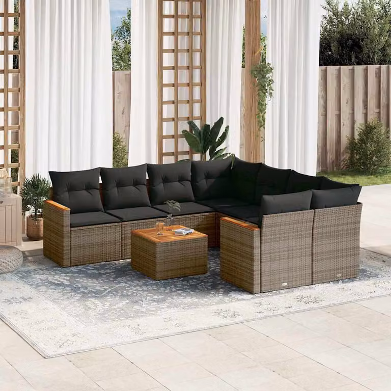 vidaXL Set Divano da Giardino a L 9 pz in Polyrattan Grigio con Cuscini e Tavolino da Esterno