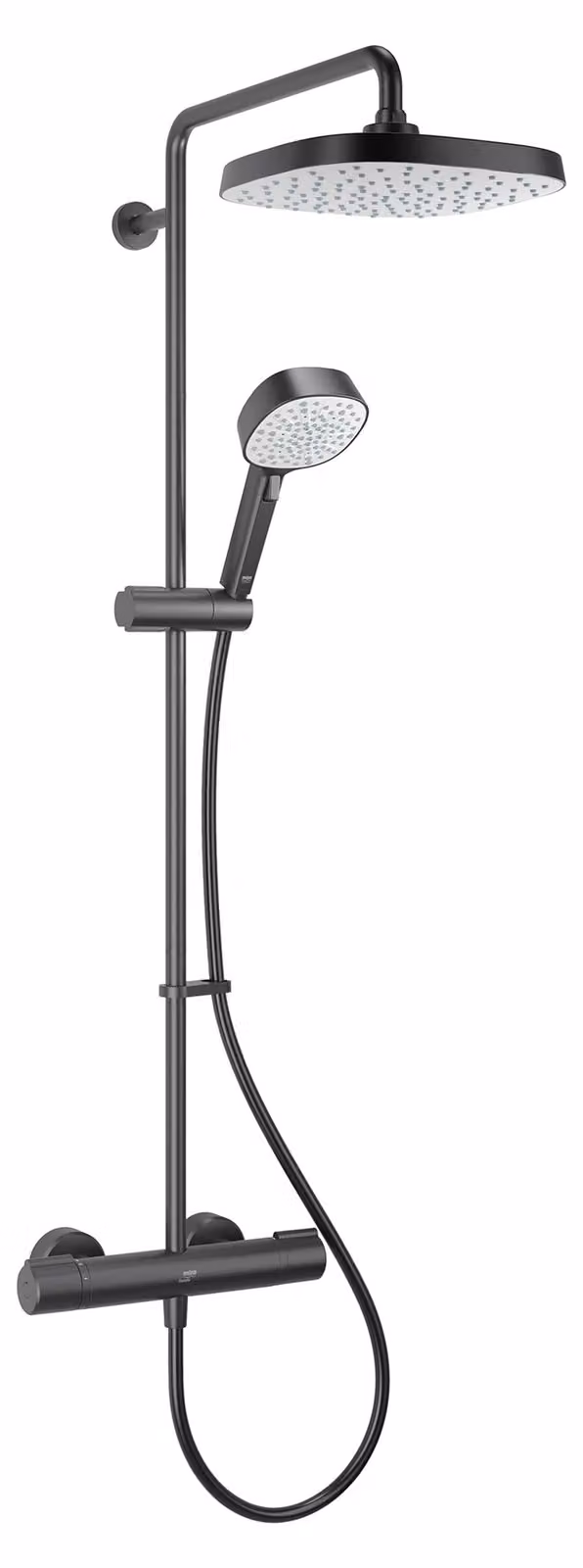 Miscelatore doccia con due uscite, finitura nero opaco, termostatico, con doccetta manuale da 100 mm