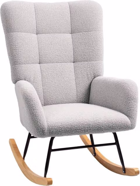 Poltrona Dondolo Minimal Imbottita in Tessuto Bouclé Grigio Chiaro con Struttura in Legno e Metallo