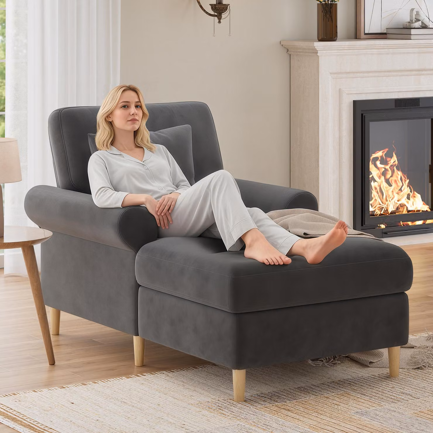 MODFU Poltrona relax imbottita / poltrona da lettura XXL, poltrona lounge con rivestimento in velluto per soggiorno e camera da letto, grigia