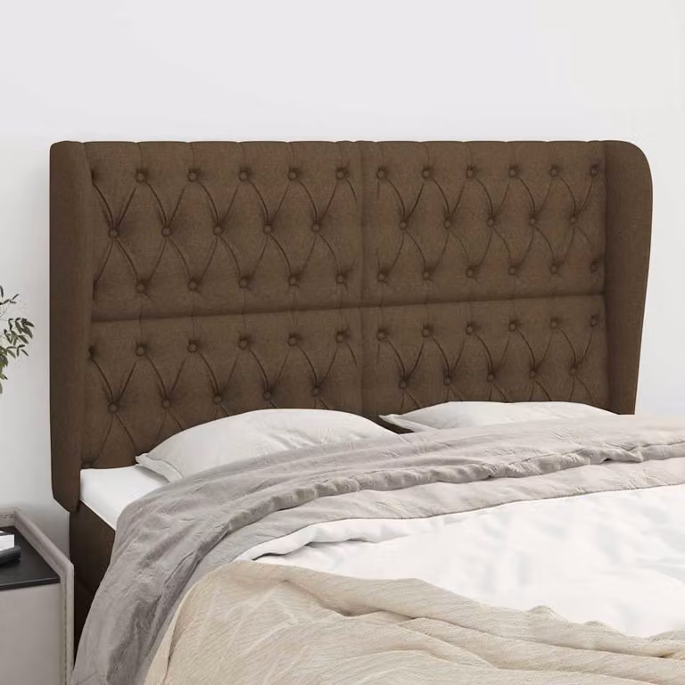 Testiera ad orecchio vidaXL in tessuto marrone con struttura in legno, L: 147 cm, P: 23 cm, H: 118/128 cm