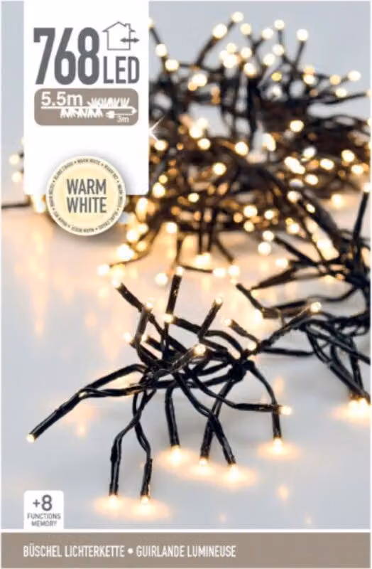 ECD Germania Catena di luci a grappolo LED 5,5 m 768 LED bianco caldo 8 modalità di funzionamento in corrente IP44 idrorepellente Catena di luci natalizie a grappolo per interni/esterni