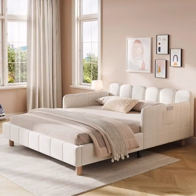 Letto imbottito 140x190 cm con testiera ergonomica e braccioli regolabili in velluto beige