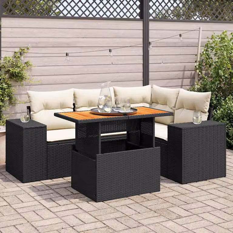 Set Divani da Giardino vidaXL 5 Pezzi in Polyrattan con Cuscini e Tavolino, Design Moderno a L, Bianco e Nero