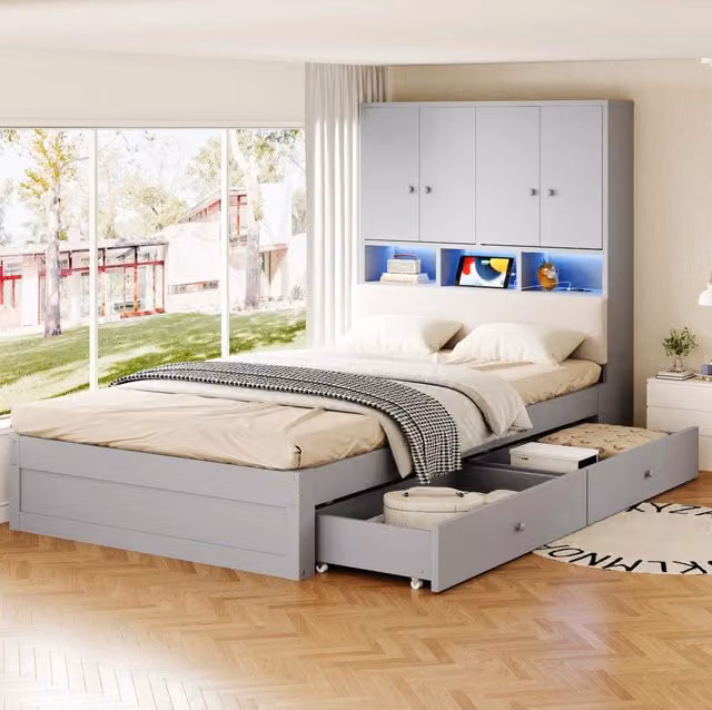 Letto singolo multifunzionale 90x200 cm in legno con LED; presa; 2 cassetti e testiera imbottita grigia