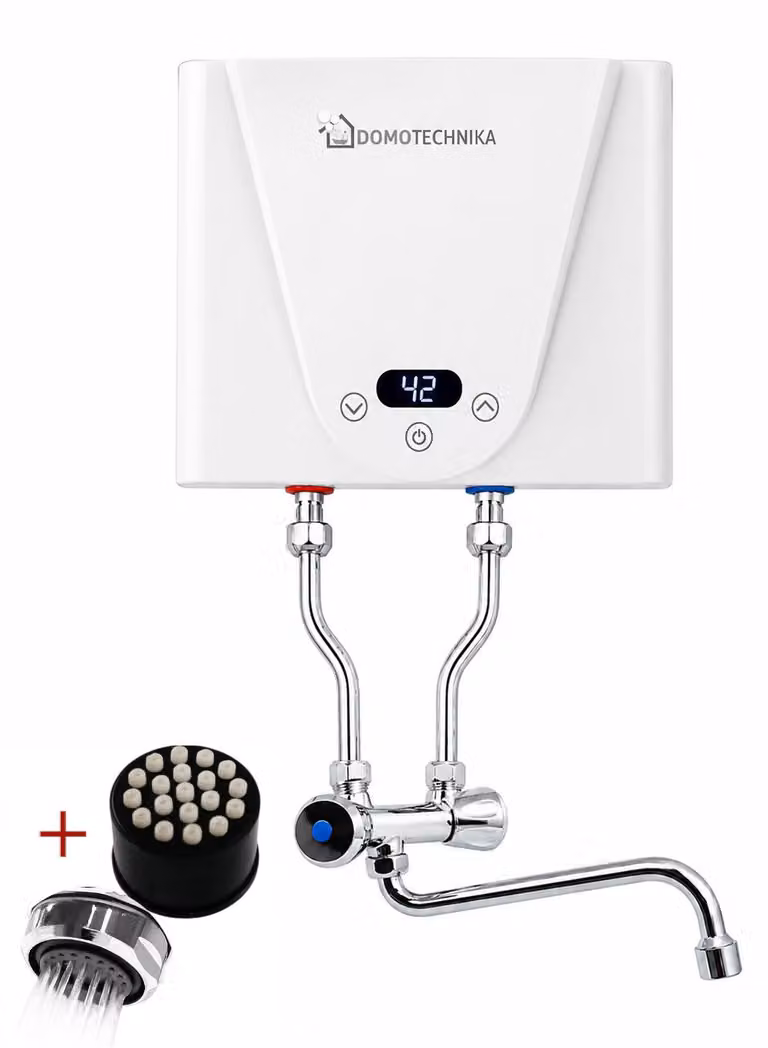 Domotechnika | Mini scaldabagno elettrico - 3,5 Kw - 21x15x5 cm - Adatto per impianti a bassa pressione - Riscaldamento dell'acqua istantaneo