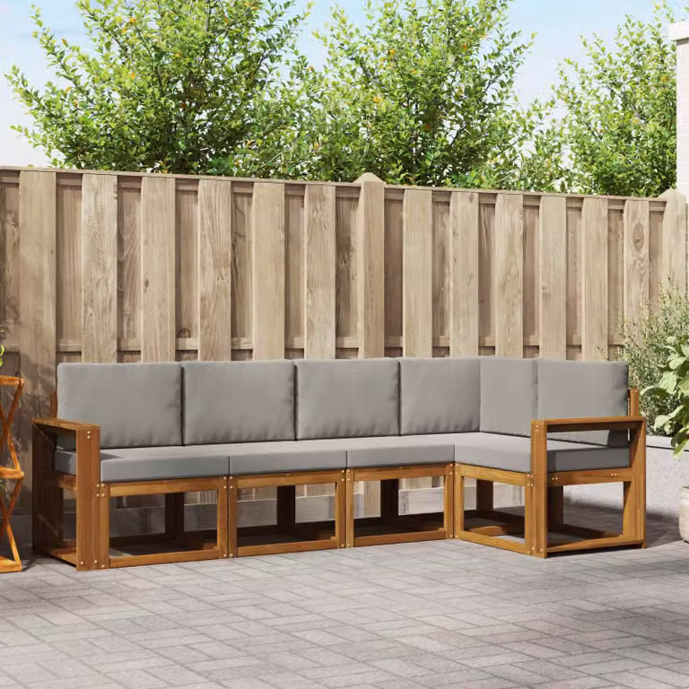 Set di divani da esterno vidaXL 5 pz a forma di L in legno di acacia con cuscini, Grigio e Marrone