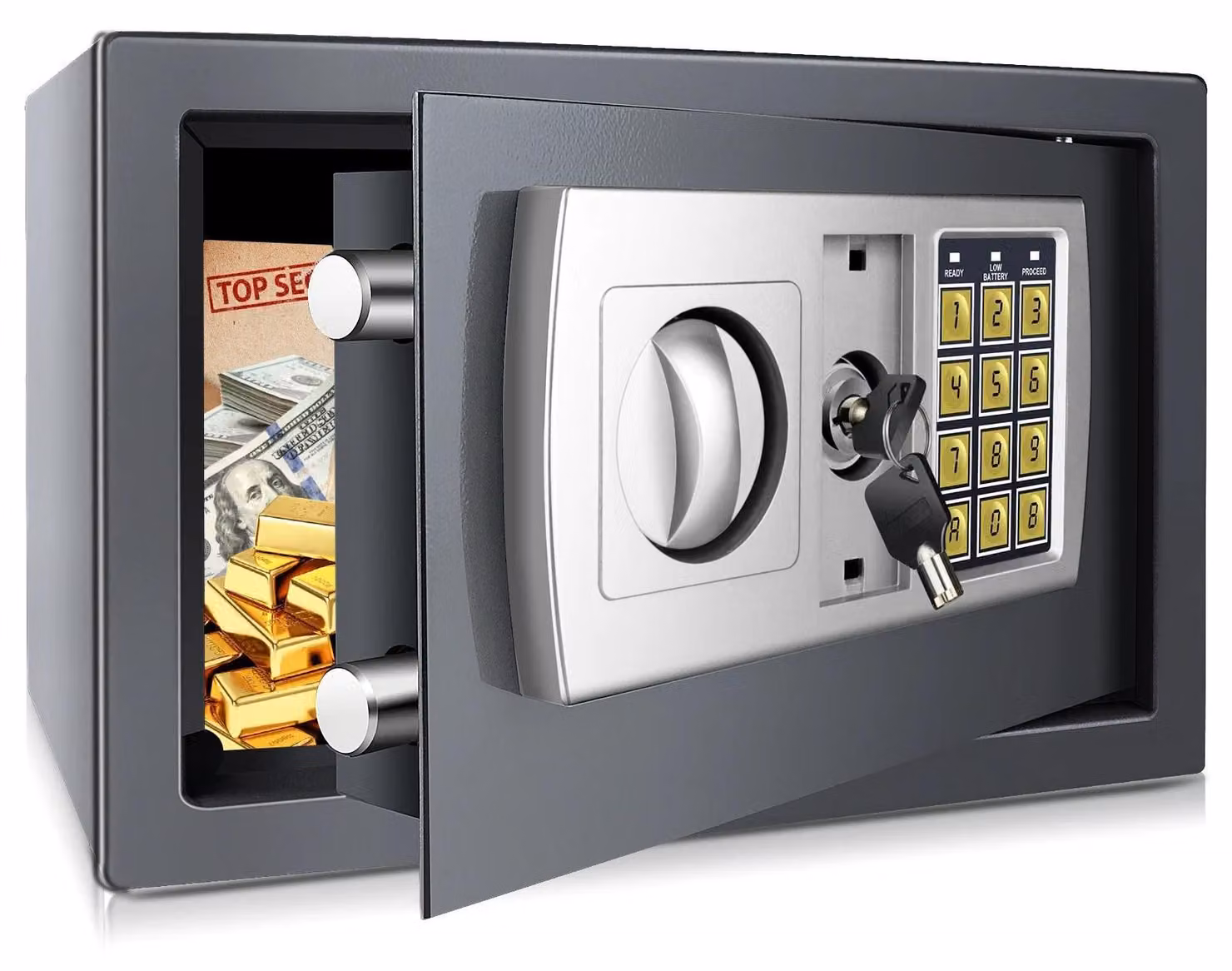 Cassaforte - Cassaforte elettronica - 8,5 l 31×20×20 cm - Acciaio massiccio - Serratura elettronica a combinazione + 2 chiavi - Blocco dopo 3 tentativi - Grigio