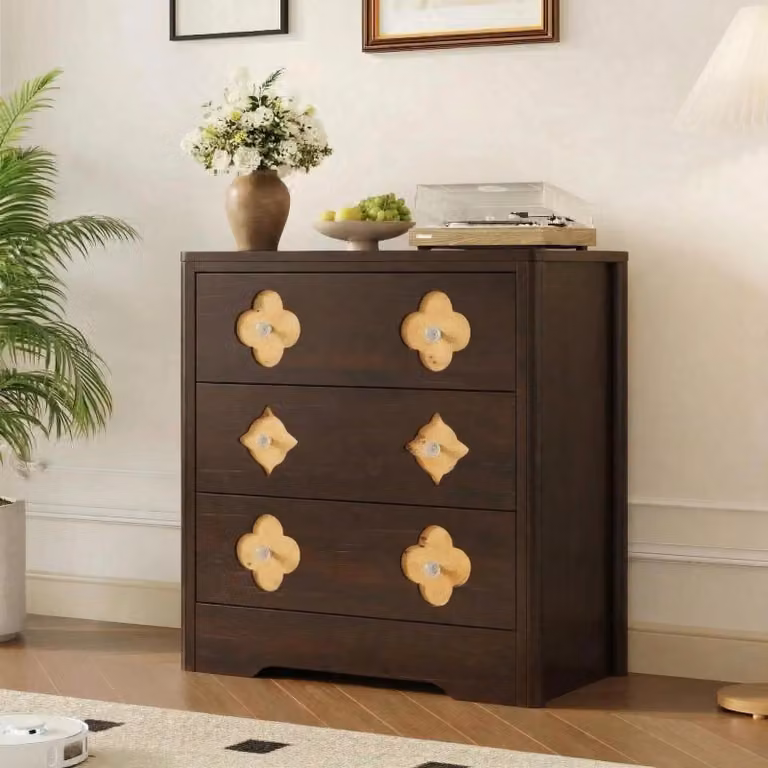 Comodino moderno - Mobiletto contenitore con 3 cassetti - Legno - Motivo floreale delicato - Spazio di stoccaggio pratico - 80 x 40 x 77 cm - Marrone